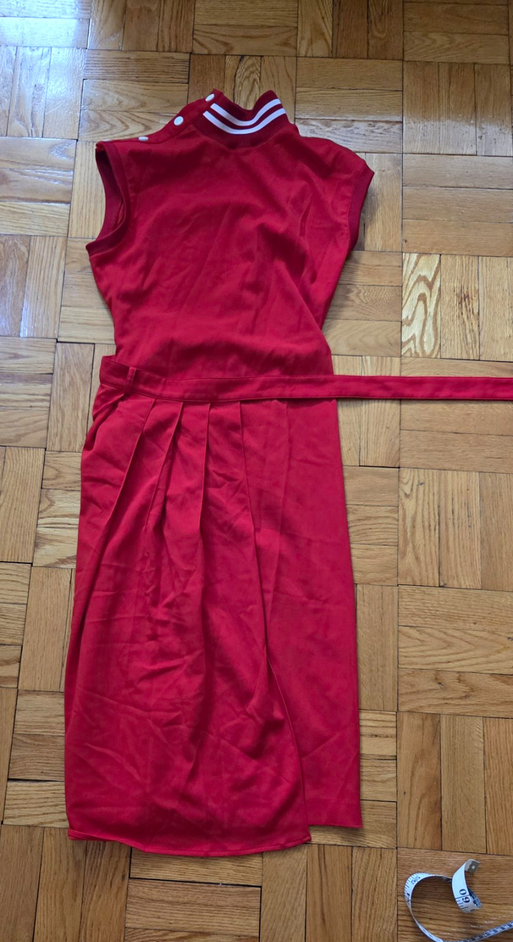 Tretorn Sz M Red Knit Sheath Midi Dress Sleeveless High Neck Belted Buttons